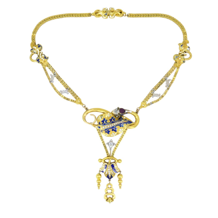 Victorian Gold Snake Necklace Diamond Ruby Enamel, 1900s Antique