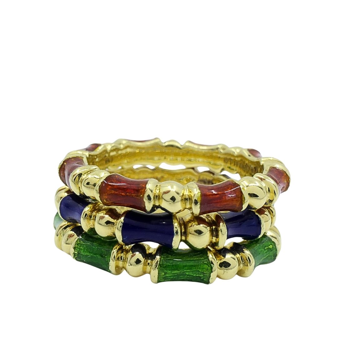 Tiffany & Co. Enamel Bamboo Stacking Rings 18k Yellow Gold Blue Green & Red