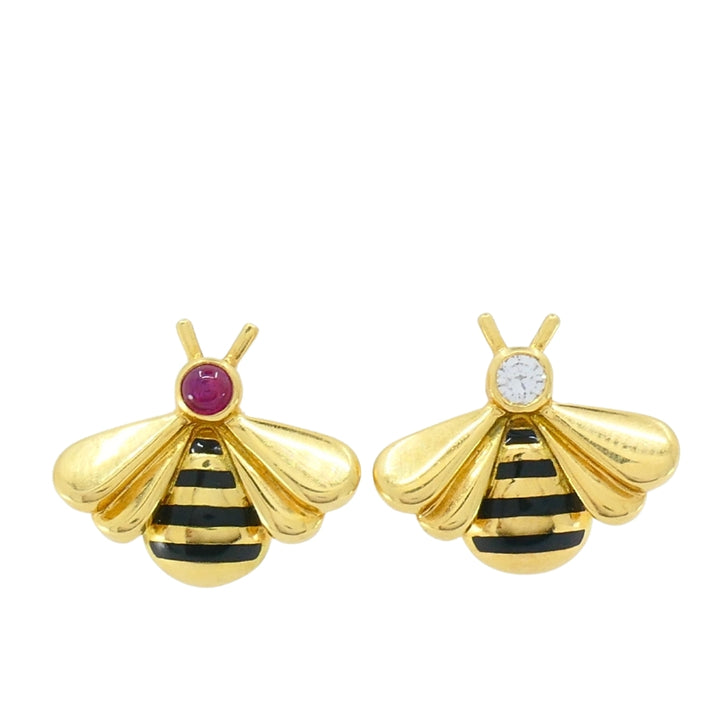 Cartier 18k Gold Bee Stud Earrings Ruby Diamond Accents
