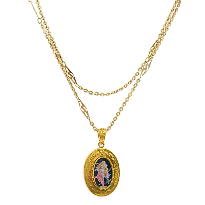 Victorian 18k Gold Locket Pendant Necklace Enamel Miniature