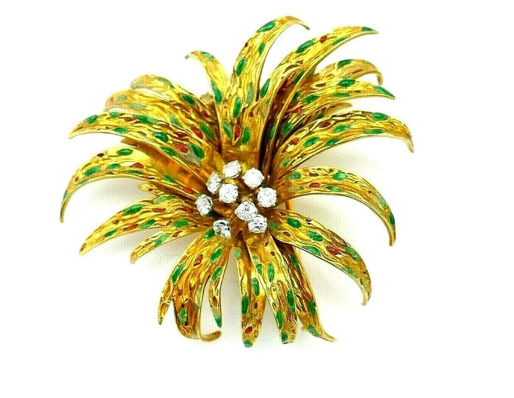 Boucheron Vintage Yellow Gold Diamond Enamel Flower Brooch