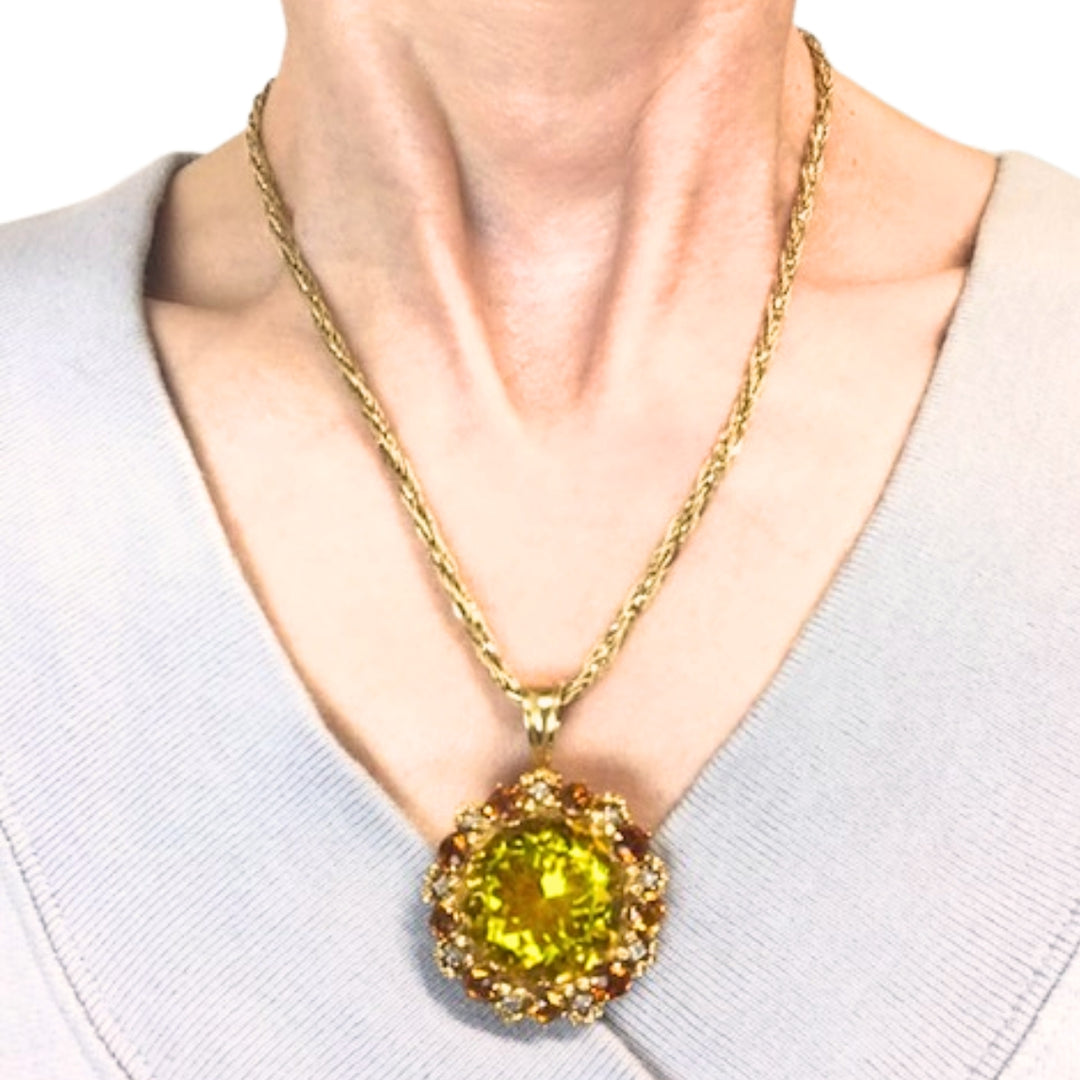 Vintage Necklace 14k Gold Citrine Diamond Pendant Twisted Rope Chain