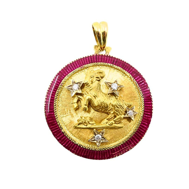 Capricorn Pendant Vintage 18k Gold Enamel Diamond