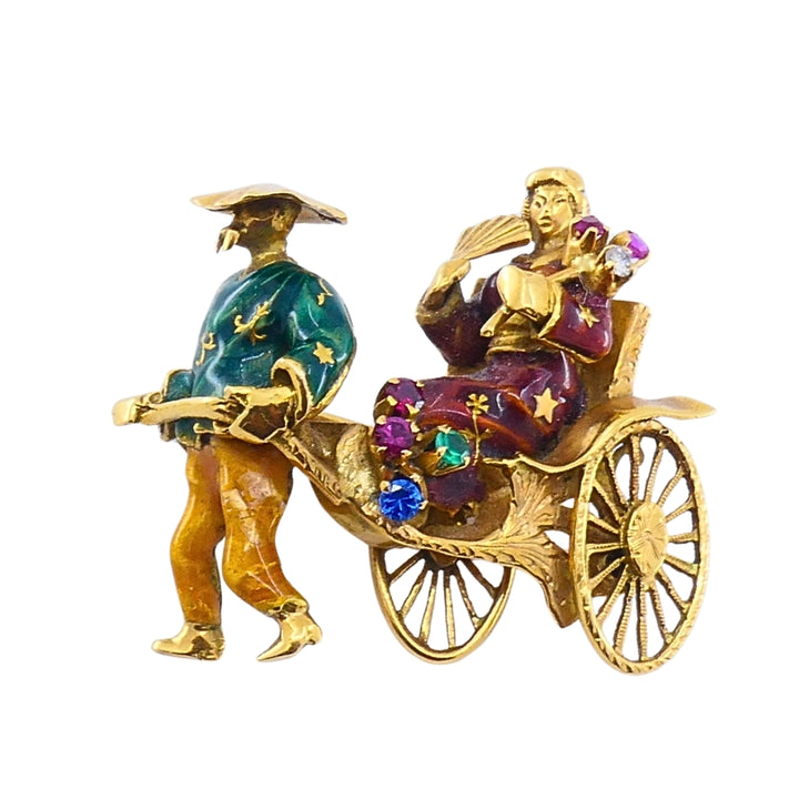 Vintage 18k Gold Riksha Brooch Pin Enamel Gemstone Accents