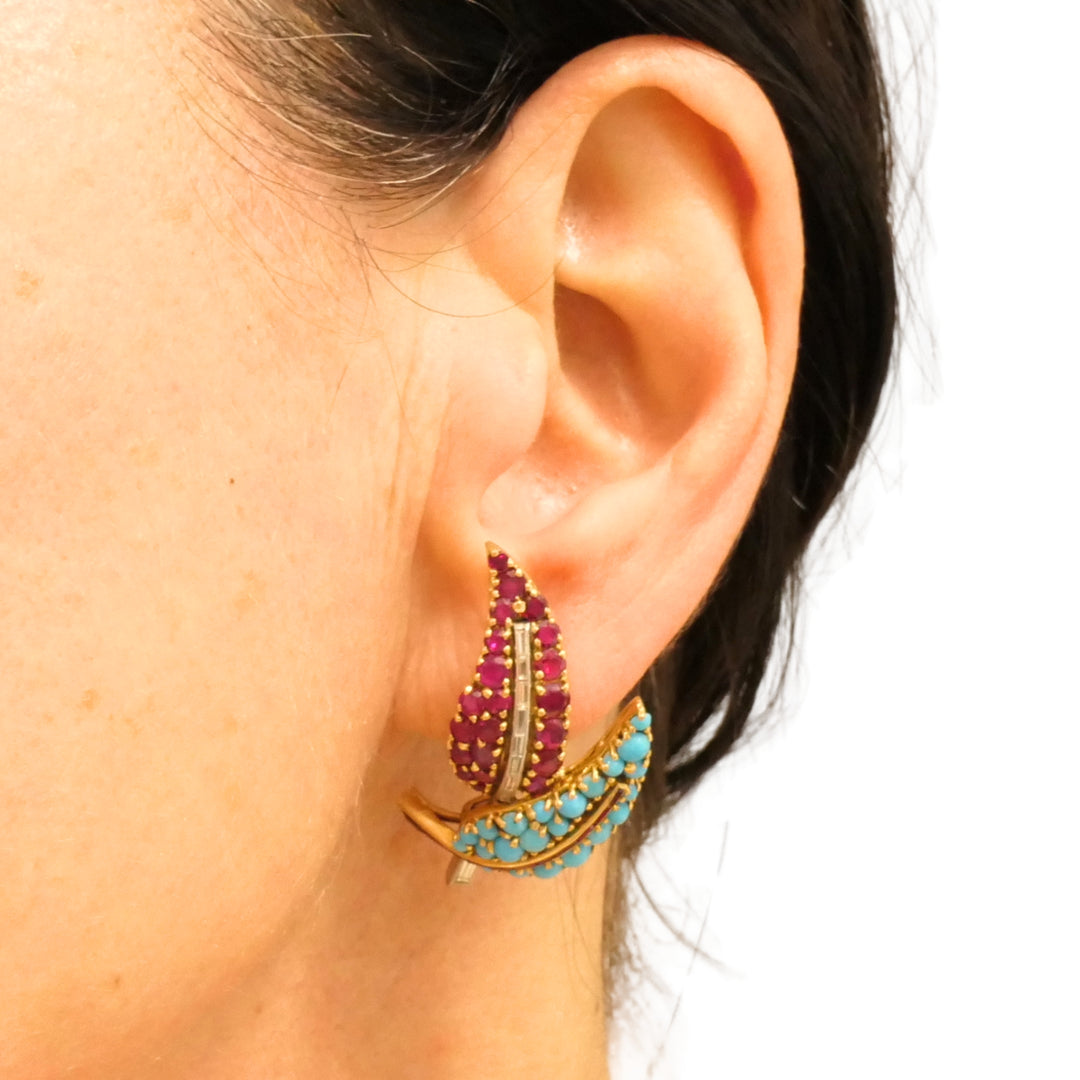 18k Gold Turquoise Ruby & Diamond Vintage Brooch and Earrings Set French Jewelry