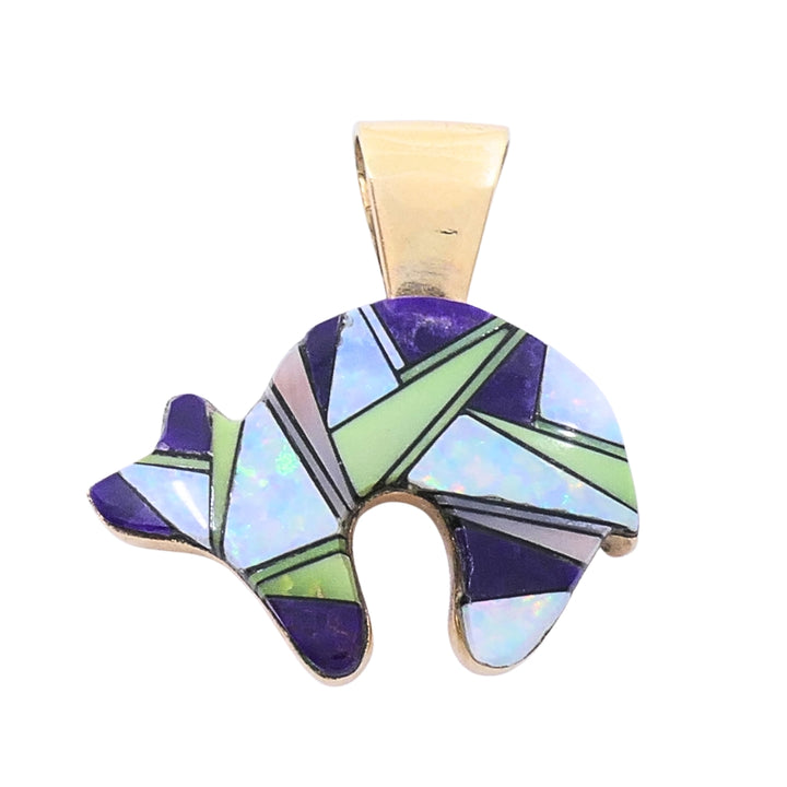Vintage 14k Gold Zuni Style Bear Pendant Mosaic Opal Sugilite Inlay