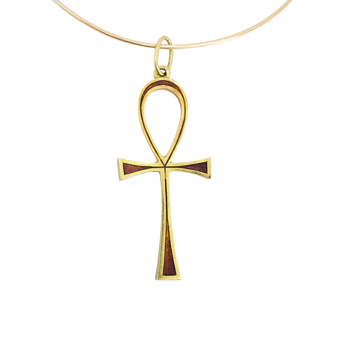 Ankh Cross Pendant 18k Gold Enamel and 14k Gold Wire Choker Necklace