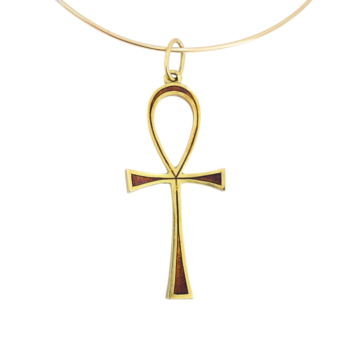 Ankh Cross Pendant 18k Gold Enamel and 14k Gold Wire Choker Necklace