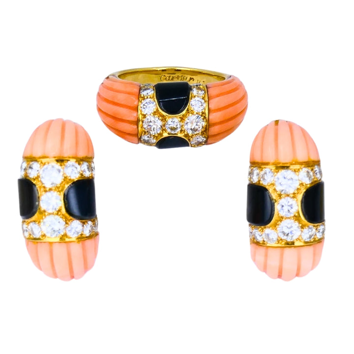 Vintage Cartier Set Coral Onyx Diamond 18k Gold Ring and Earrings Estate Jewelry