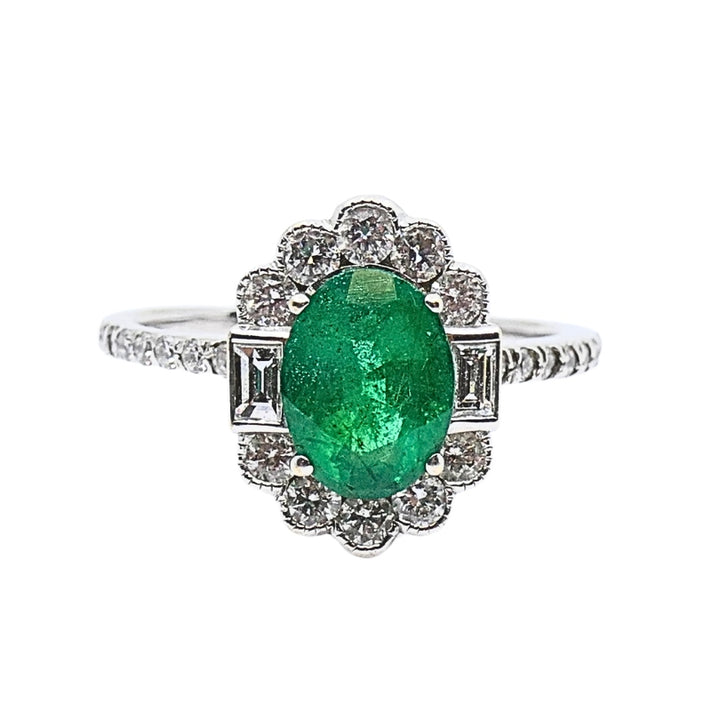 Emerald Ring 14k Gold Diamond Cluster Ring