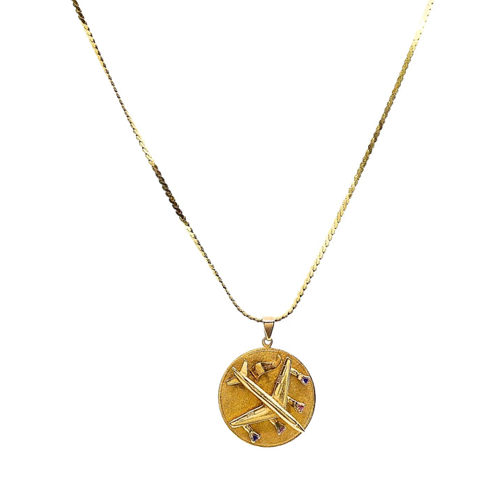 Vintage 14k Gold Airplane Pendant Gemstones 18k Gold Chain Necklace