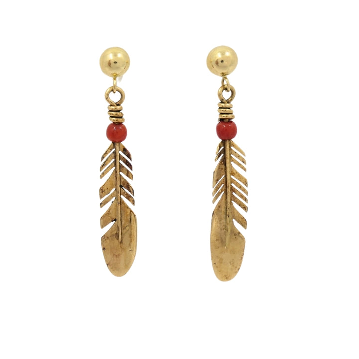 Ray Tracey 14k Gold Navajo Feather Drop Earrings Coral Beads