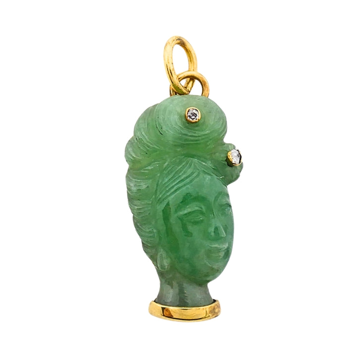 Vintage 14k Gold Carved Jade Lady’s Head Charm Pendant Diamond Accents