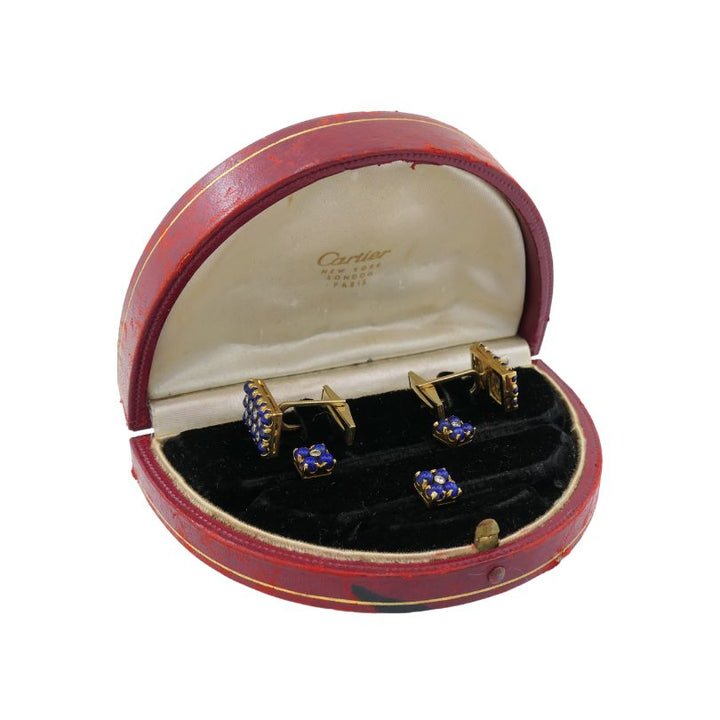 Vintage Cartier NY Gold Lapis Lazuli Diamond Cuff Link Set