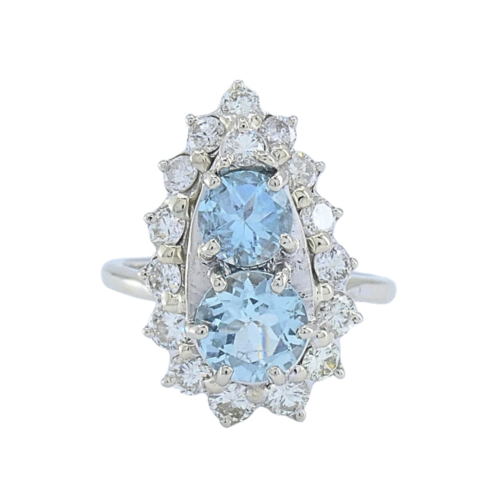 18k White Gold Aquamarine Diamond Elongated Halo Ring
