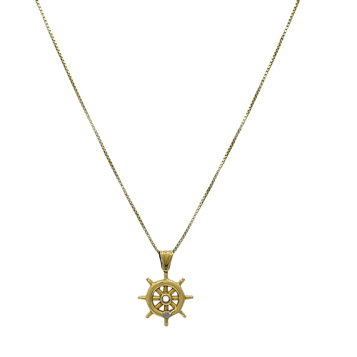 14K Gold Nautical Wheel Pendant Necklace Diamond Accent