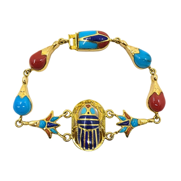 21k Gold Egyptian Revival Scarab Turquoise Coral Enamel Bracelet