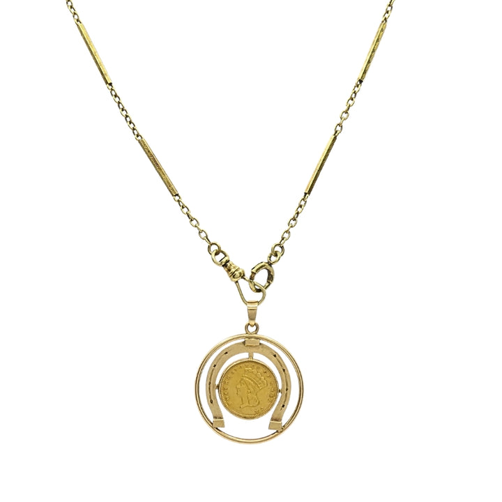 Victorian Revival 14k Gold Indian Princess Dollar Horseshoe Pendant Necklace