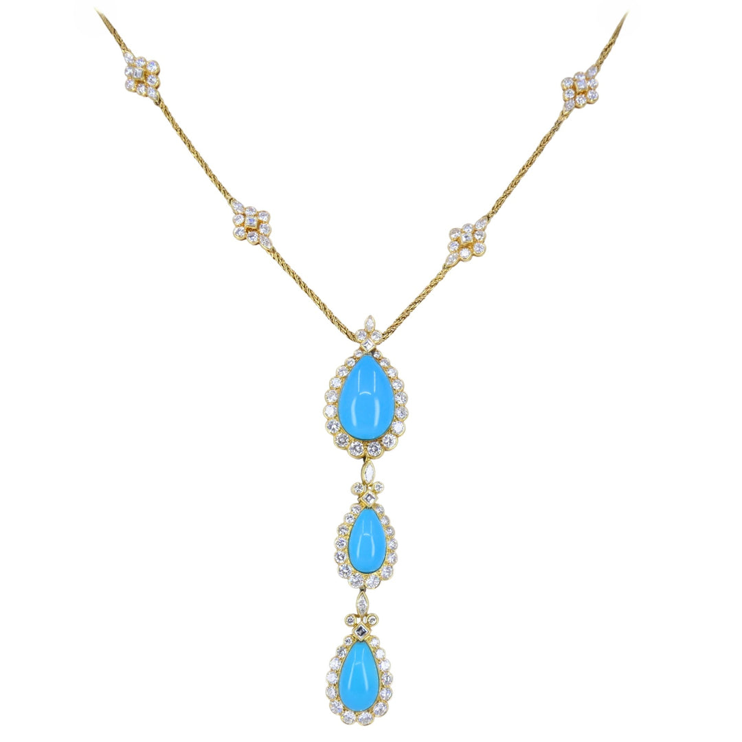 Chaumet Paris 18k Gold Diamond Turquoise Drop Necklace Three-Tiered Necklace