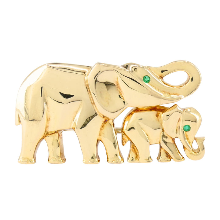 Vintage Cartier Ménagerie 18k Gold Emerald Mother and Baby Elephant Brooch