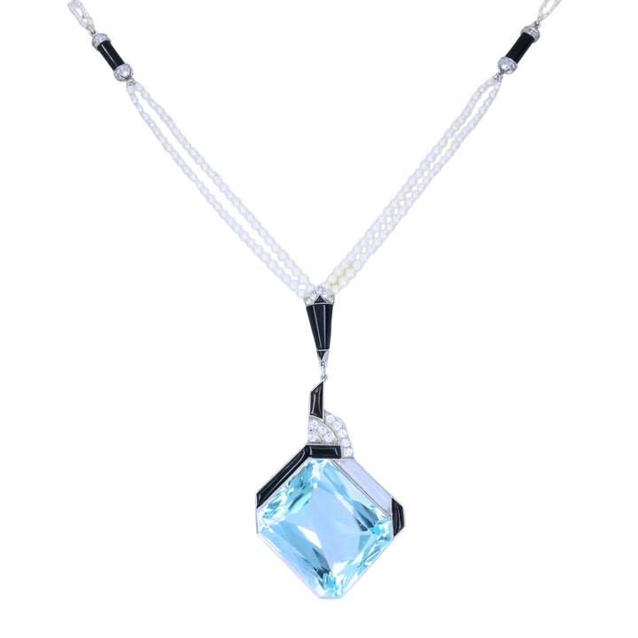 Art Deco Platinum Aquamarine Black Onyx Diamond Pearl Necklace