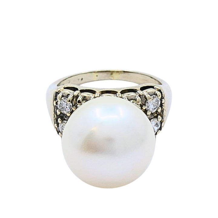 Vintage Pearl Diamond Ring 14k White Gold