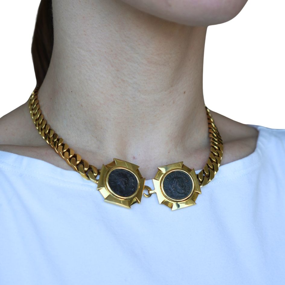 Vintage Bvlgari 18k Gold Monete Double Ancient Coin Necklace
