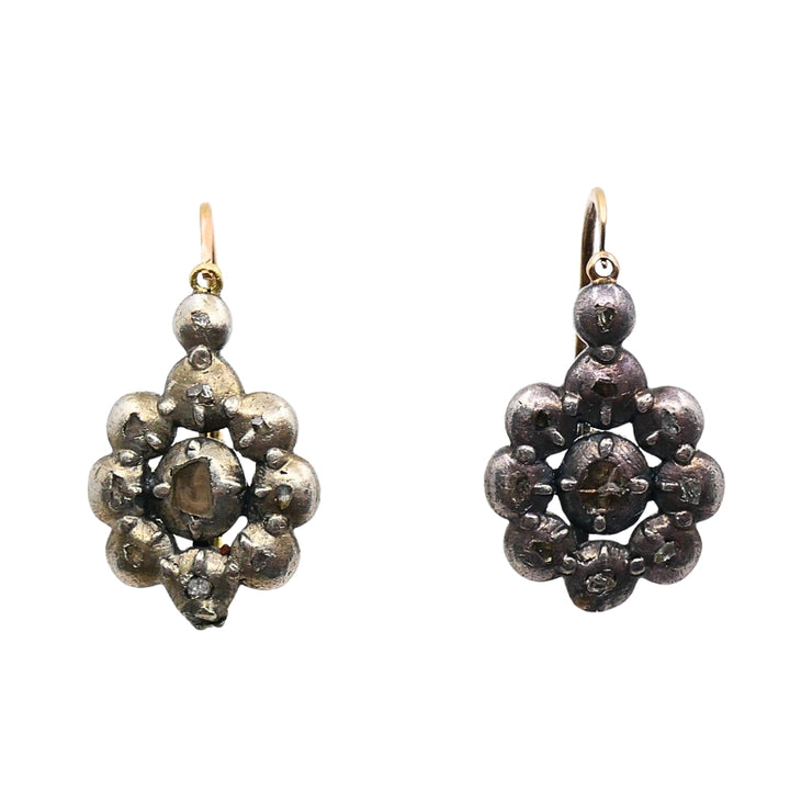 Georgian Silver Earrings 14k Gold Wires Rose Cut Diamonds