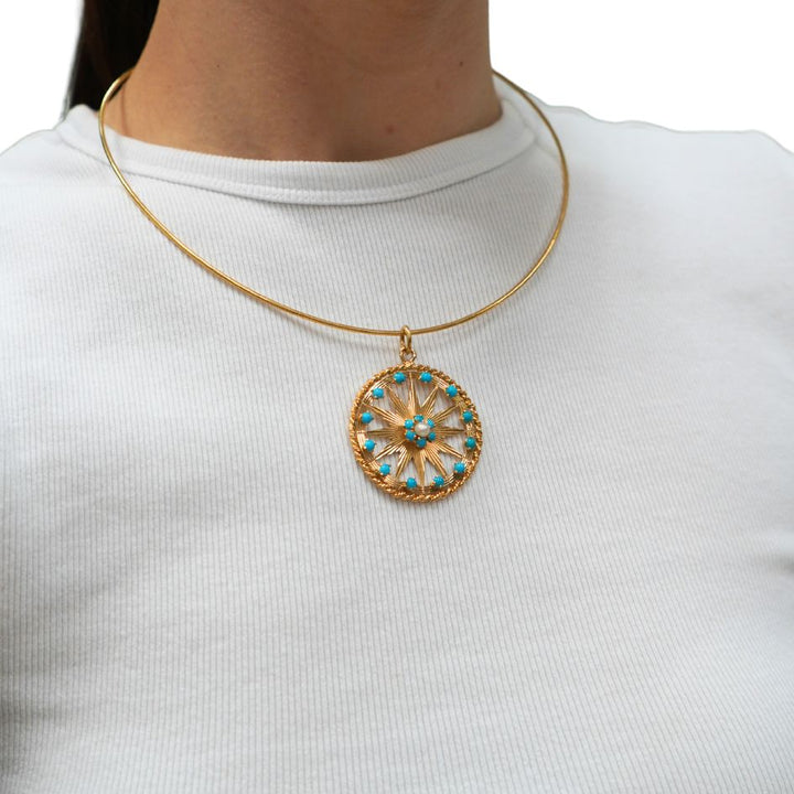 Vintage French Gold Turquoise Pearl Star Pendant Necklace