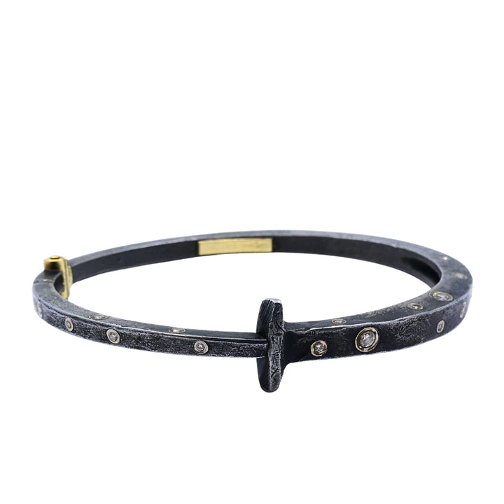 Modern Silver 18k Gold Bangle Bracelet Diamond Accents