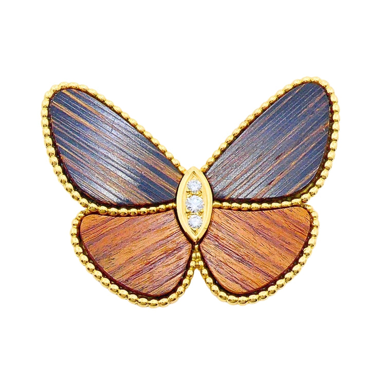 Van Cleef & Arpels Butterfly Brooch 18k Gold Wood Diamond