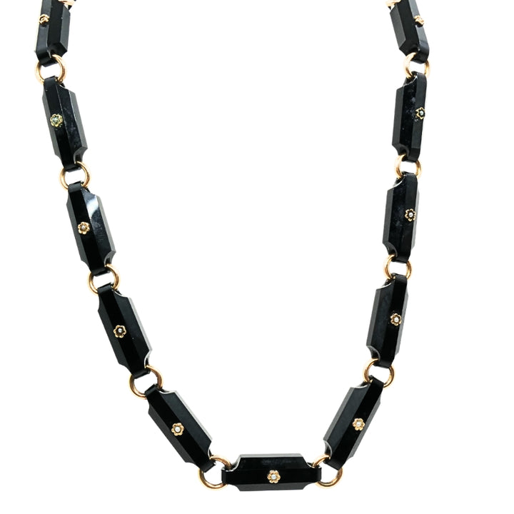 Vintage Black Onyx Necklace Floral Design 14k Gold Links