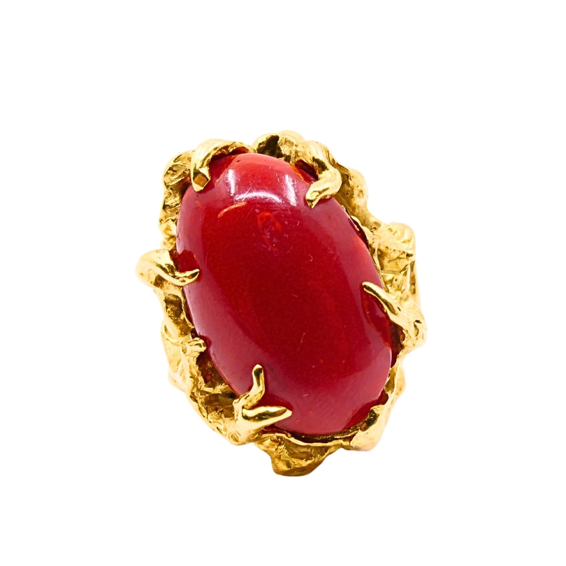 Arthur King 18k Gold Brutalist  Coral Cabochon Cocktail Ring