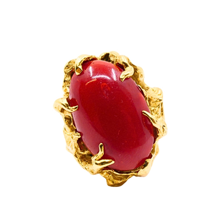 Arthur King 18k Gold Brutalist  Coral Cabochon Cocktail Ring