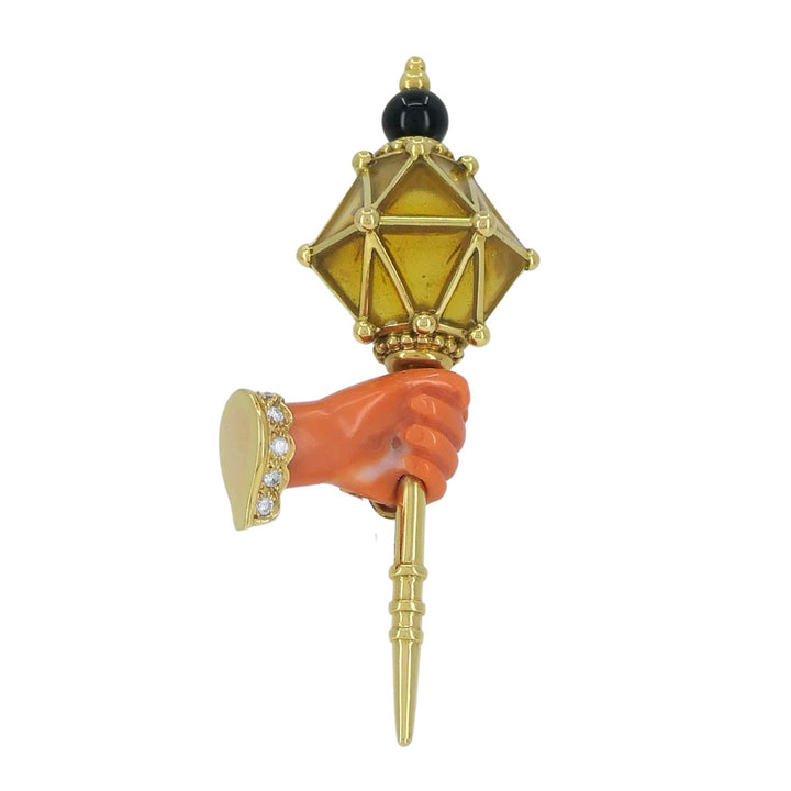 Vintage French 18k Gold Coral Diamond Clip Brooch