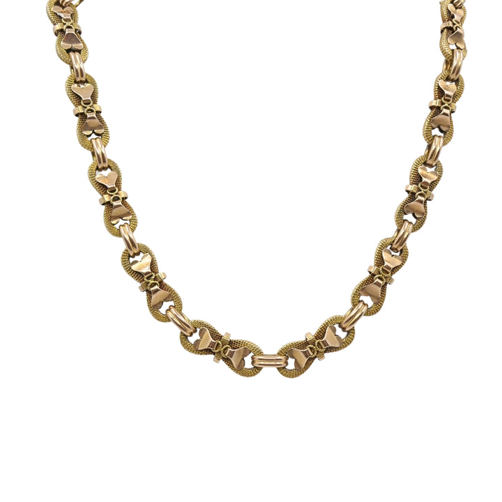 Victorian 18k Gold Mesh Link Necklace Heart Bow Motifs