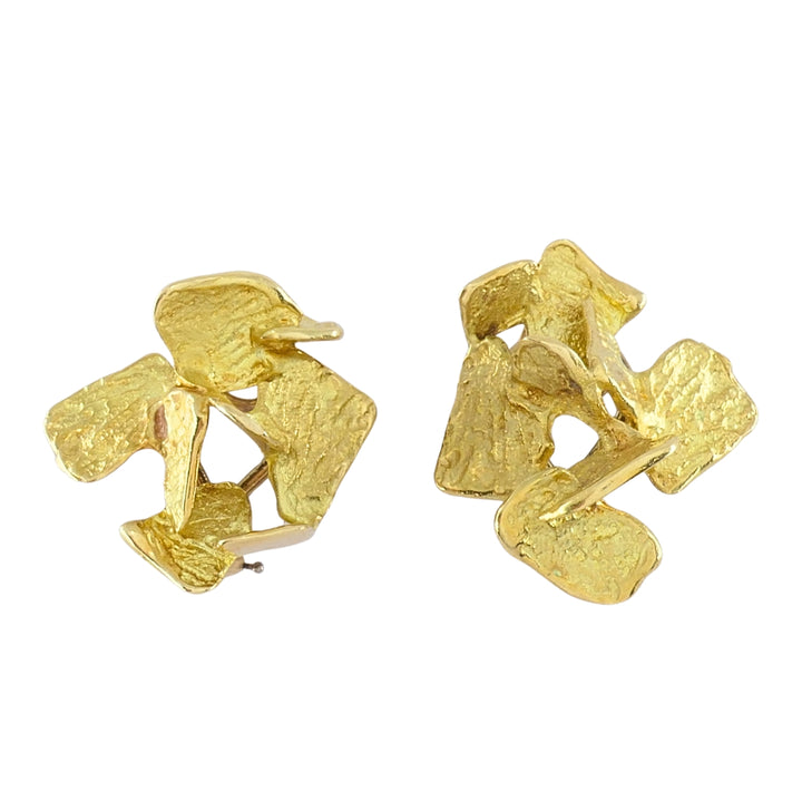 Vintage 18k Gold Modernist Abstract Floral Design Textured Clip-On Earrings