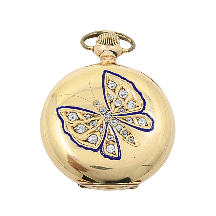 Antique Elgin 14K Gold Keystone Hunter Case Pocket Watch Diamond Butterfly
