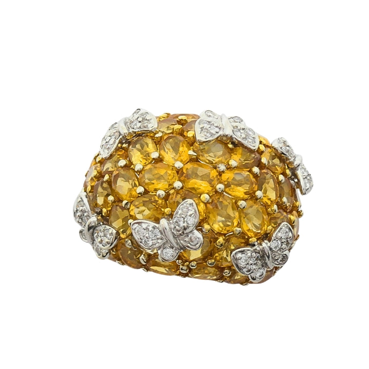 14k White Gold Citrine Diamond Butterfly Dome Ring