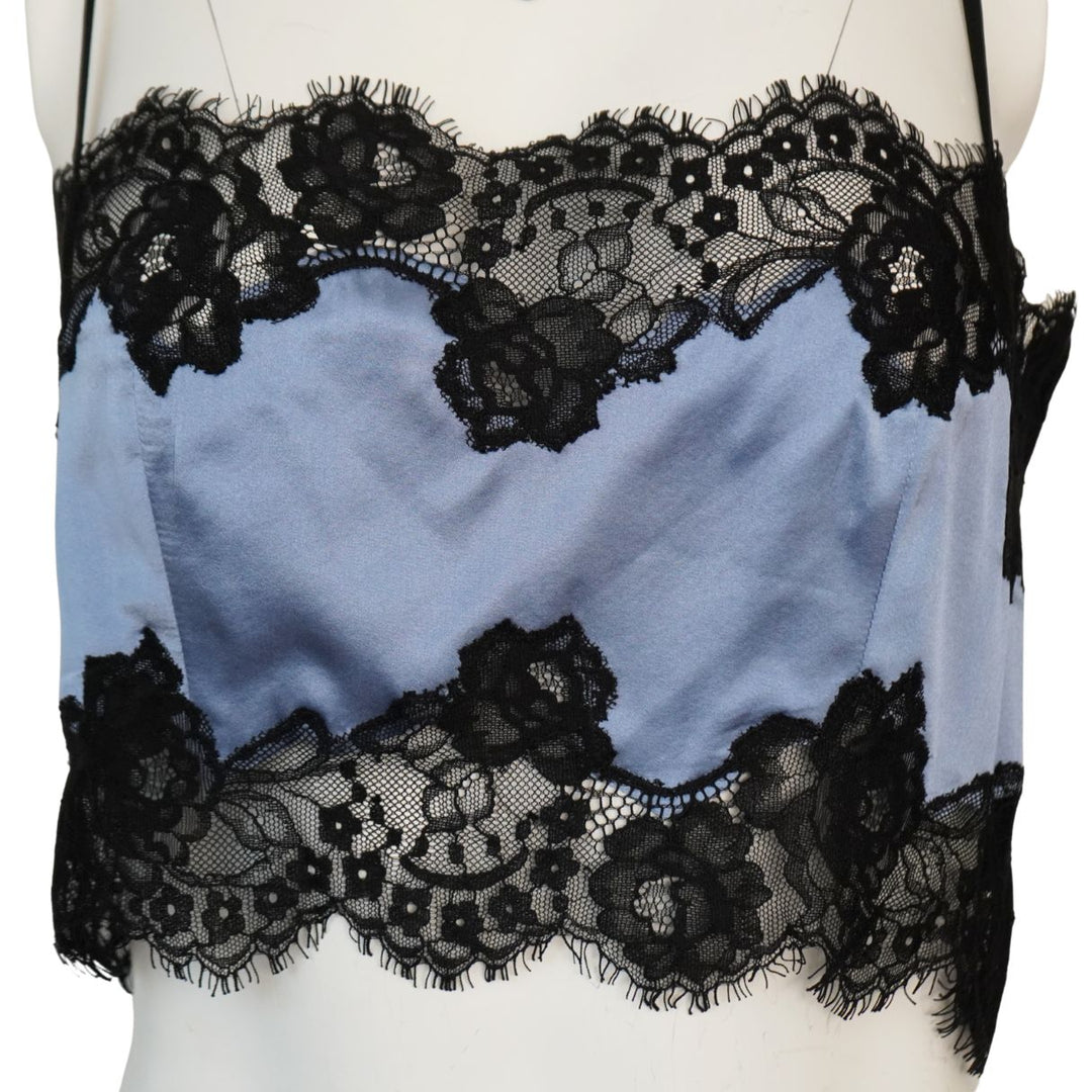 Fleur du Mal Blue Silk Black Lace Cropped Tank Top