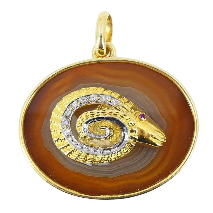 Vintage 18k Gold Diamond Ruby Aries Ram Astrology Pendant