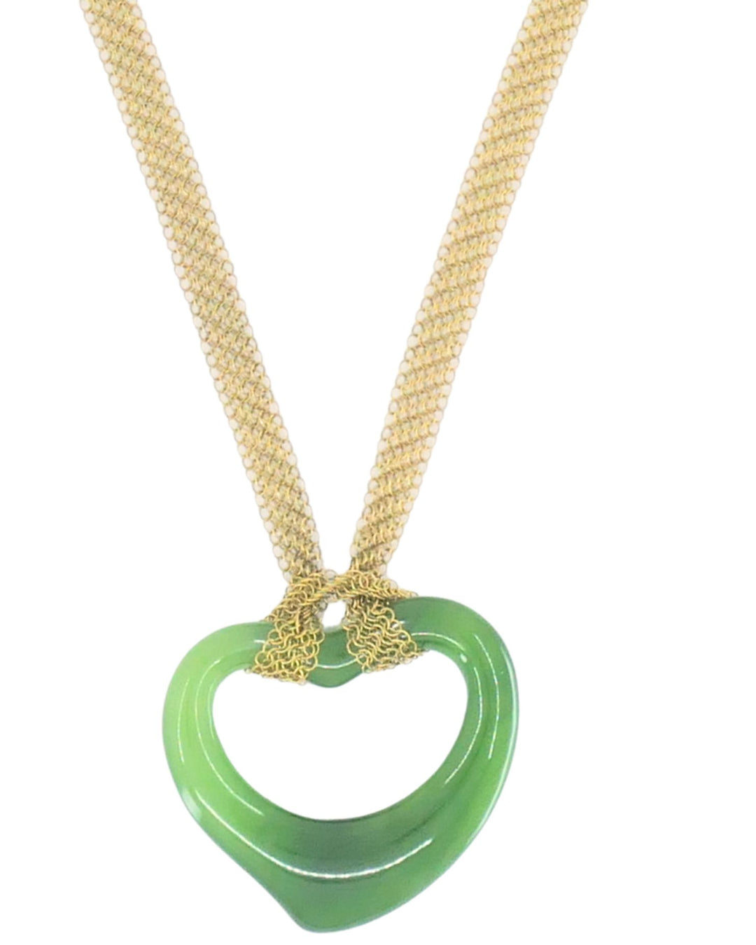 Tiffany & Co. Elsa Peretti 18k Gold Jade Open Heart Pendant Mesh Necklace