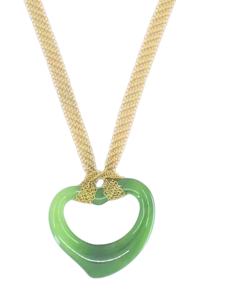 Tiffany & Co. Elsa Peretti 18k Gold Jade Open Heart Pendant Mesh Necklace