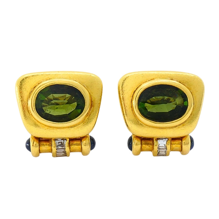 Bulgari Bvlgari 18k Gold Tourmaline Sapphire & Diamond Clip-On Earrings