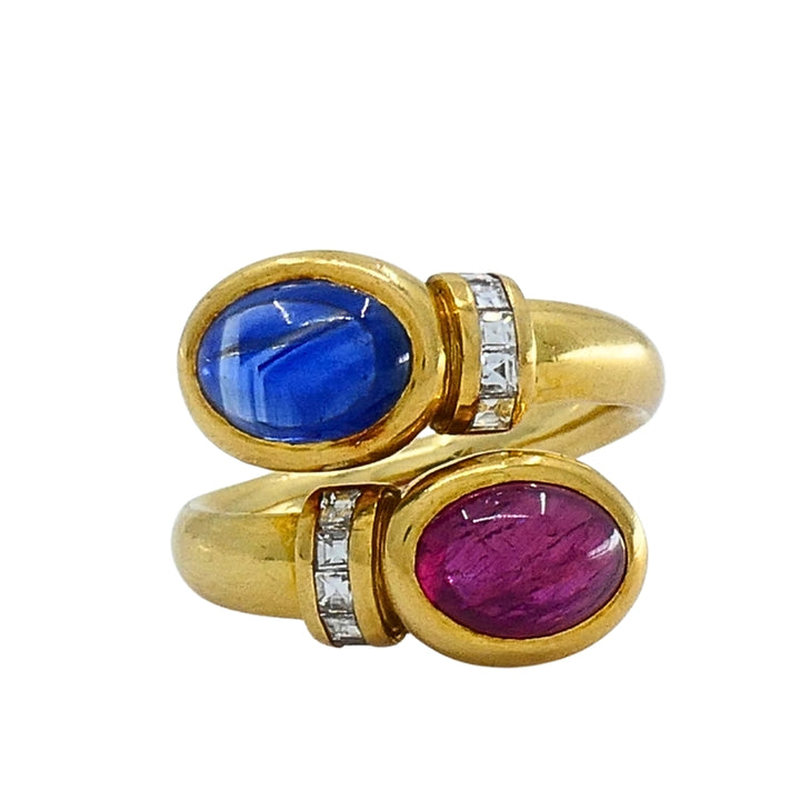 French 18k Gold  Ruby Sapphire Diamond Bypass Ring