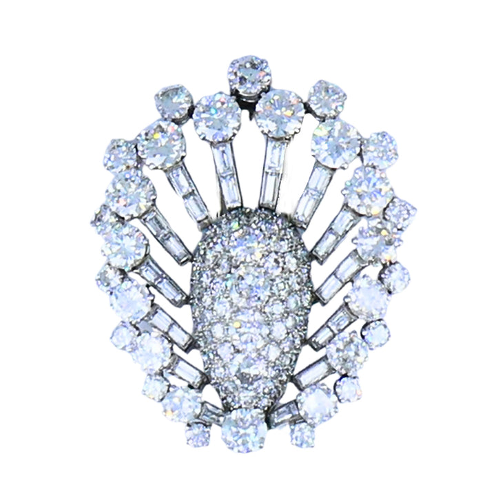 Vintage 1950s Platinum Diamond Peacock Brooch Clip Old European Baguette Cut
