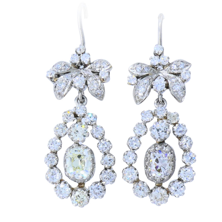 Art Deco Platinum Drop Earrings Old European Cushion Cut Diamonds Estate Jewelry