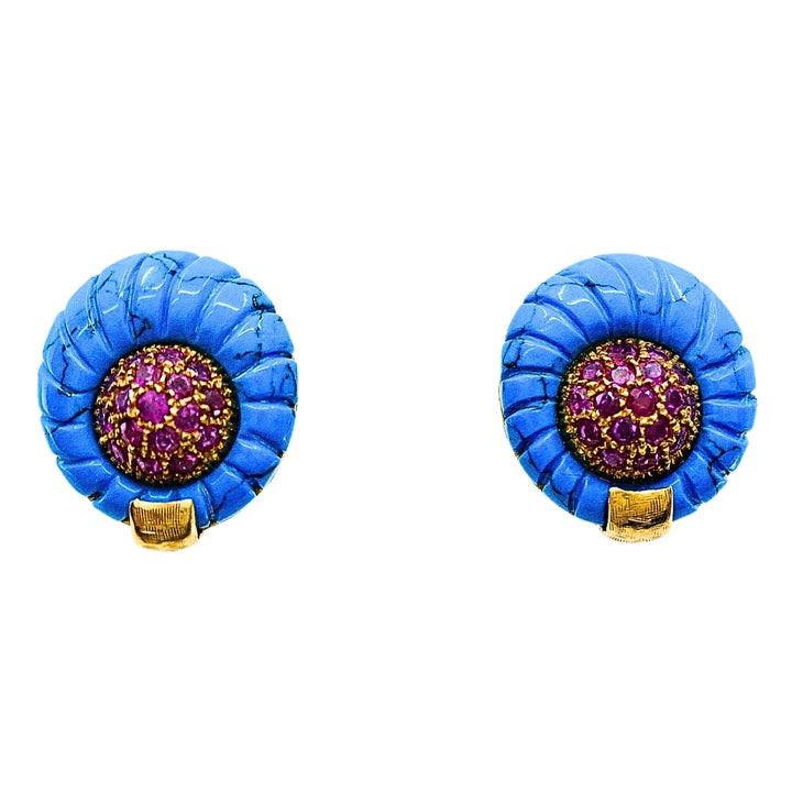 Vintage Carved Turquoise 18k Gold Ruby Stud Earrings