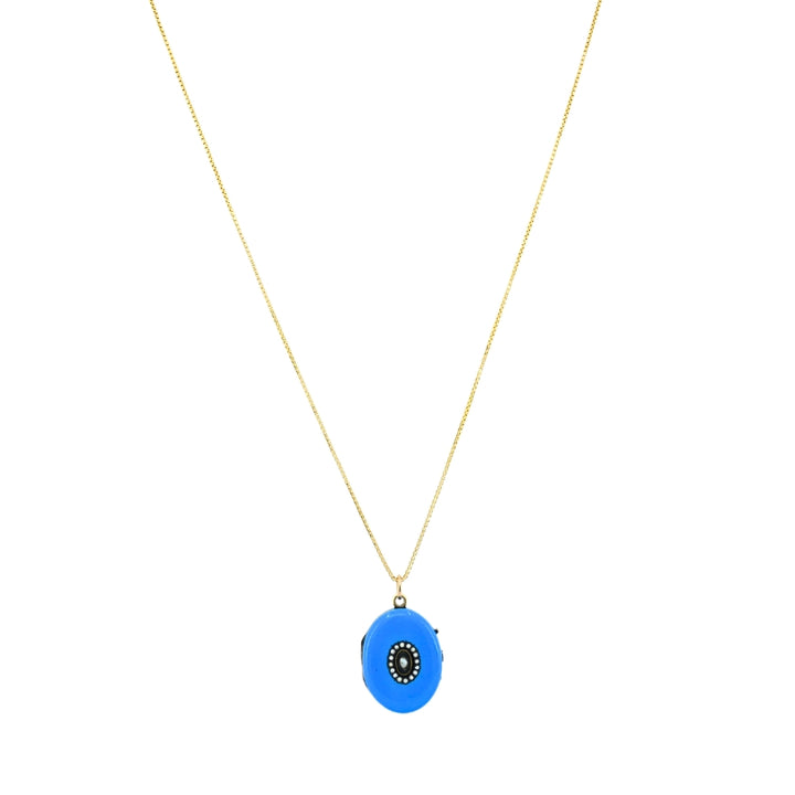Victorian 14k Gold Necklace Blue Enamel Locket Pendant