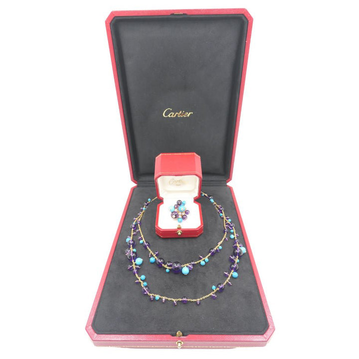 Cartier Necklace & Ring Set 18k Gold Amethyst Turquoise Diamond Box & Cert.
